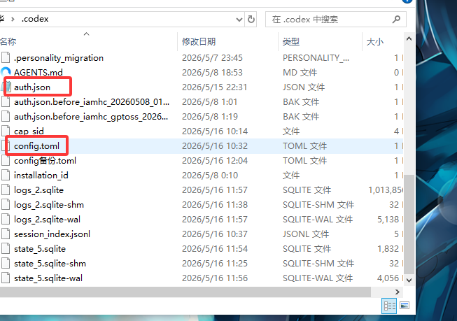 Codex 配置目录中的 auth.json 和 config.toml